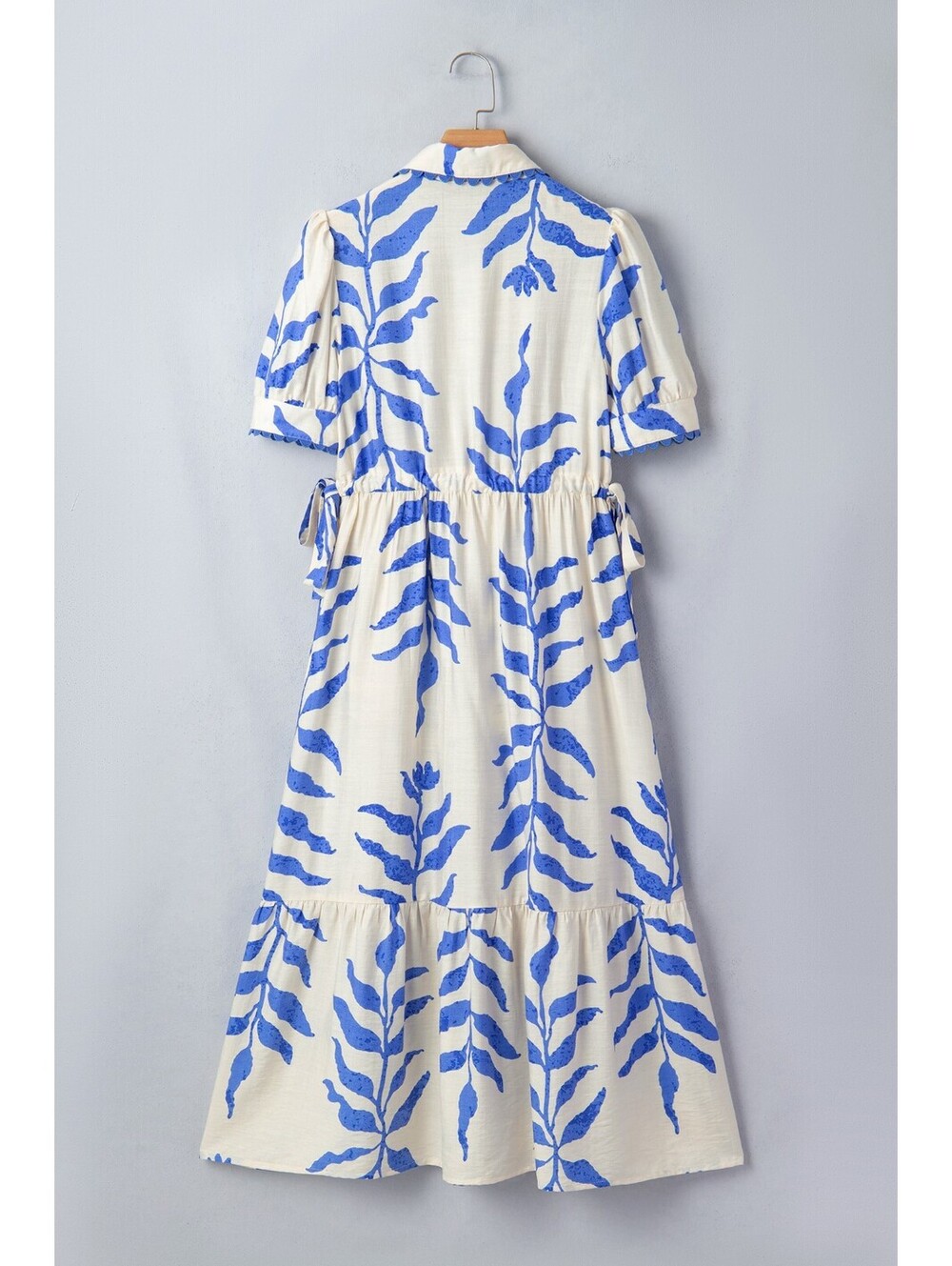 Blue and White Leaf Print Midi Dress with Puff Sleeves and Scalloped Collar - Picture 2 of 5